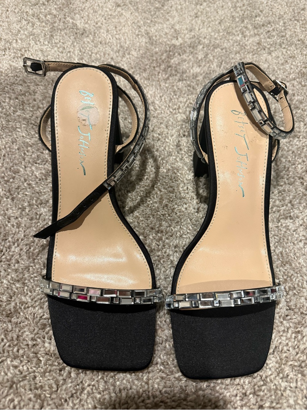 Betsey Johnson Black Satin Square-Toe Heel Sandals with Silver Accents